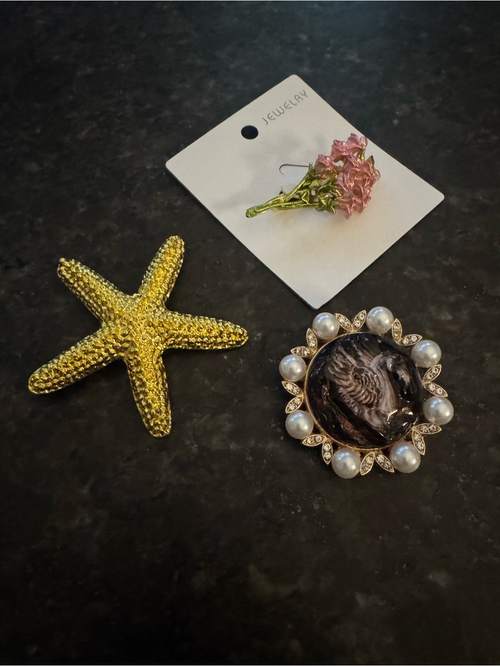 Gold Swan, Roses & Starfish Brooch Pin - Women Accessories